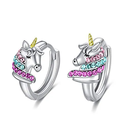 AOBOCO Plata de Ley 925 Aros de Unicornio Joyería de Unicornio Regalos de Cumpleaños para Niñas y Mujeres（Multicolor-1)