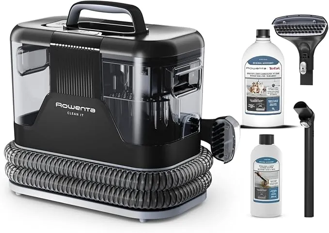 Rowenta Clean It, Aspirador de tapicerías + 2 botellas de limpieza (250ml para tapicerías + 1L para mascotas), Limpieza rápida de derrames y manchas, Potencia de 400 W, Compacto y portátil, IN5014OM
