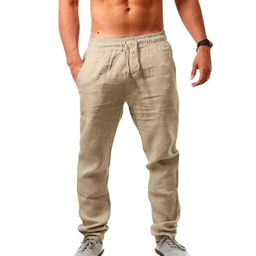 Litthing Pantalones de Lino para Hombre Pantalon Algodón Ligeros de Verano Playa Holgados Cómodos Casuales Pants con Bolsillos y Cordón