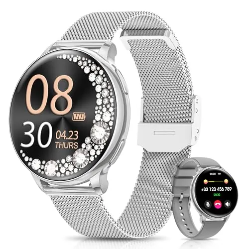 RUXINGX Reloj Inteligente Mujer, 1,27" Pantalla Táctil Smartwatch Llamadas, Función Femenina Pulsómetro SpO2 Sueño, 126 Deportes, 220 Esferas Podómetro IP68 Resistente Agua Android iOS (Plata)