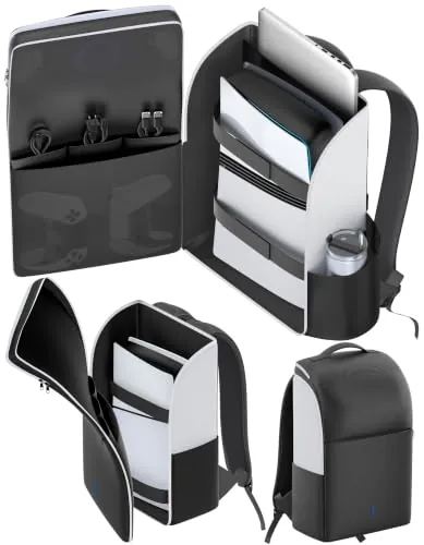 Mochila para Consola PS5/ Slim/ Pro, Bolsa PS5 de Viaje con Protección Total, Funda ps5 Almacenamiento de Gran Capacidad, PS Portal, Portátil, Tarjeta de Juego, Maletin PS 5 con Bolsa 3 Cable- Blanco