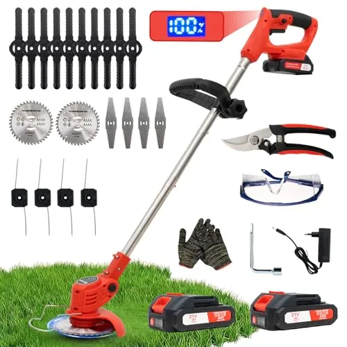 OUTIGO Desbrozadora a batería, desbrozadora eléctrica a batería, Equipada con 2 baterías y 4 Cuchillas, cortacésped Plegable de 800 W, Adecuado para Cortar el césped de Jardines y arbustos