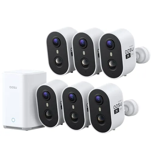 aosu Cámara de Vigilancia 2K Exterior e Interior Kit 6 Cámaras con Aosubase Sin Suscripción 32GB Almacenamiento Local Inalámbrica Sensor PIR Alarma Luz Sonido Audio Bidireccional Visión Nocturna