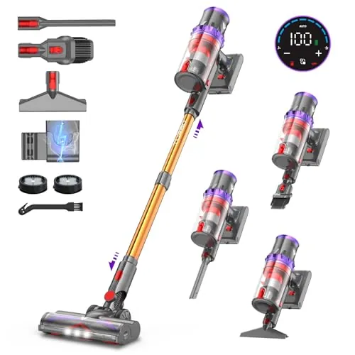 coovy SU7 Aspiradora sin Cable 580W/55Kpa/75Mins, Aspirador Escoba Vertical Potente con Pantalla Táctile LED, Antienredo y Modo Automático para Suelo Alfombras y Pelos de Animales