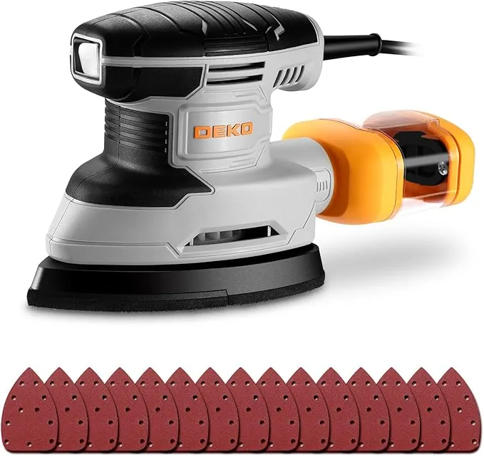 Lijadora Madera: DEKOPRO Lijadora Electrica de 180W, Herramienta de lijadora Orbital, 13000 RPM, Con 15 Hojas de papel de lija - Lijado y pulido de la eliminación de la madera