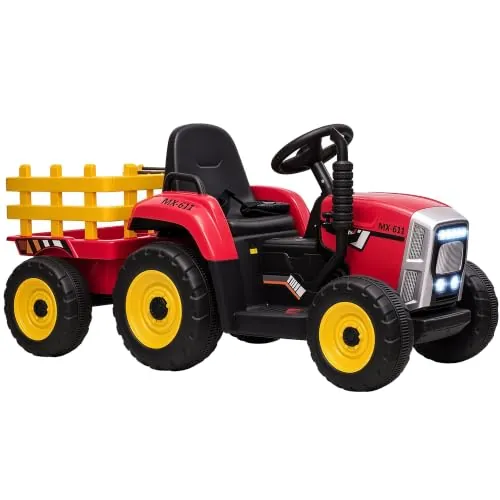 HOMCOM Tractor Eléctrico para Niños con Remolque Desmontable Rojo | 3-6 Años, Control Remoto, Arranque Suave, Música MP3, Pantalla, Luces, Cinturón de Seguridad, 136,5x50x52,5 cm