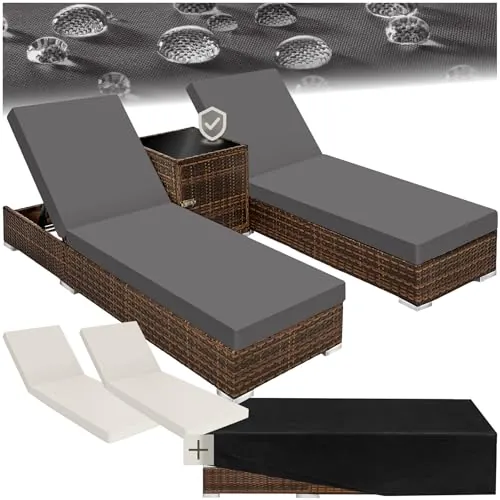 TecTake® Set 2 Tumbonas de Ratán y Aluminio + Mesa Jardín, Piscina, Playa - Respaldo Regulable, Resistente a Rayos UV, Fácil Limpieza, Fundas Intercambiables, Funda Protectora - Marrón