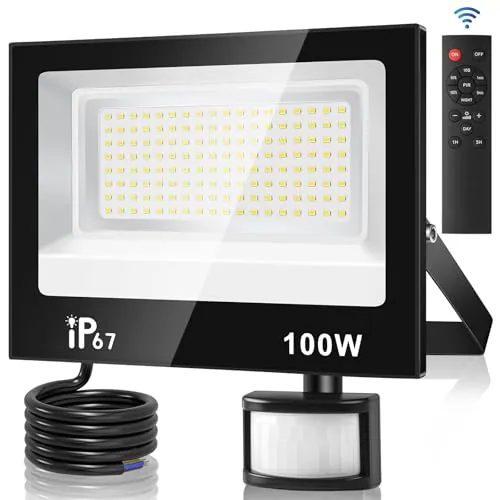 URTBST 100W Focos Led Exterior con Sensor Movimiento,4 Modos 10 Brillo Foco Proyector LED con Mando a Distancia,10000LM,7000K Blanco Frío IP67 Impermeable Foco LED para Patio,Garaje,Jardín