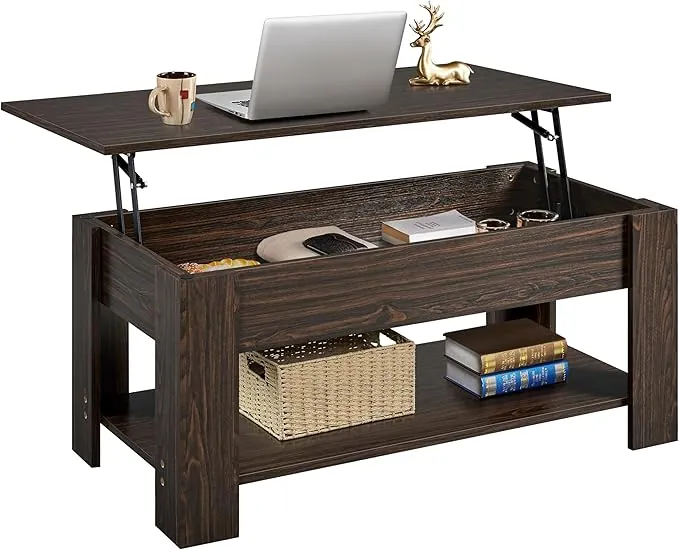 Yaheetech Mesa Centro Elevable con Estante Mesa Café con Revistero Mesita Baja de Moderno Grande para Salón 120 x 59 x 49,5 cm Espresso