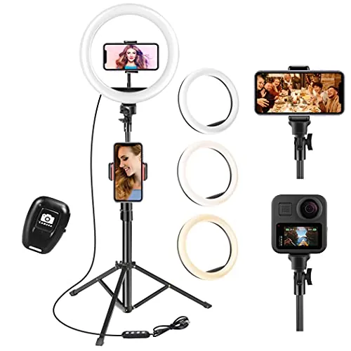 UPhitnis Aro de Luz con Tripode, 10" Ring Light con Control Remoto 3 Modos 10 Brillos Regulables Anillo de Luz para TikTok, Maquillaje, Selfie, Streaming, Youtube, Twich Live