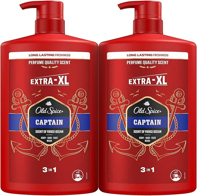 Old Spice Captain Gel De Ducha Y Champú Para Hombres 2x1000ml, Gel Para Cara, Cuerpo Y Pelo 3 En 1 Multiusos, Frescura Duradera, Fragancia Excepcional, Limpieza Profunda