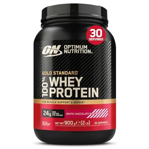 Optimum Nutrition Gold Standard 100% Whey, Proteína, Sabor Chocolate Blanco y Frambuesa, 900g, 30 Servicios, Paquete Puede Variar