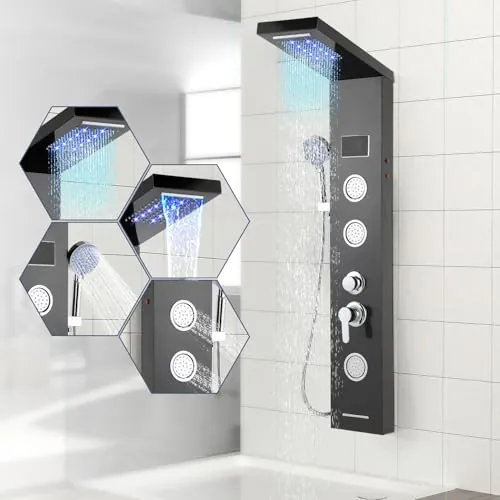 ISOISL Panel de ducha con grifo, panel de ducha de acero inoxidable, 5 funciones con indicador de temperatura LED, lluvia y cascada, ducha de mano, chorros de masaje y entrada de bañera, paneles de