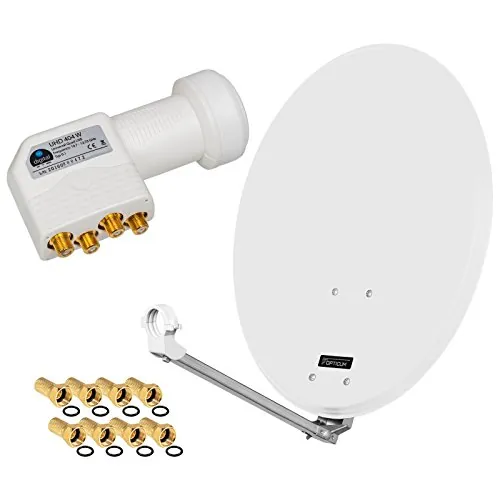 HD Digital SAT equipo 60 cm Aluminio Espejo carcasa + Quad LNB 4 Usuarios para Recepción de DVB-S/S2 Full HD 3D 4K ultra HD (UHD) señales + conector incluido en Juego.