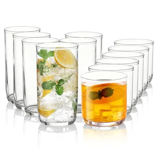 Kyraton Set de 12 Vasos de Whiskey Old Fashioned, 6 Vasos Highball en Plástico PET Transparente 420ml (14oz) & 6 Vasos para Cócteles Whisky 340ml (11.5oz), Vasos Robustos e Indestructibles.