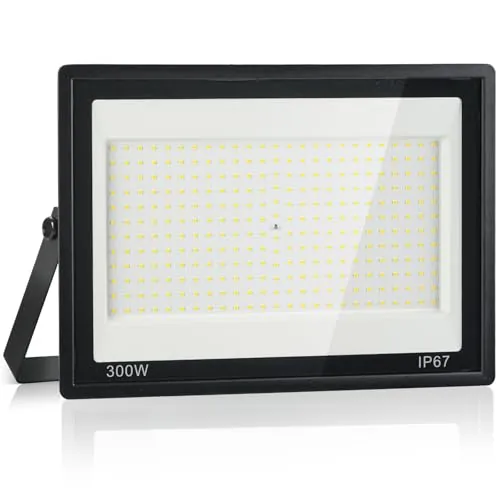 Plazique Foco LED Exterior 300W,Iluminación de Seguridad,7000K Blanco Frío,30000LM Super Brillante,IP67 Impermeable,300 LEDs,Foco de Exterior para Jardín,Patio,Garaje,Taller, Pasillo
