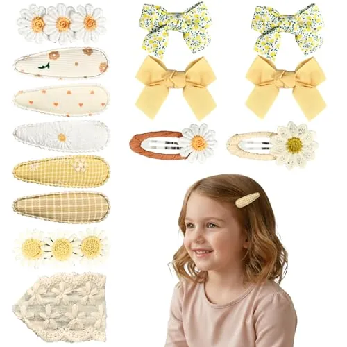 14 Pinzas para el Cabello de Niña, Flores y Lazo Pinzas para Bebés y Niñas (Amarillo)