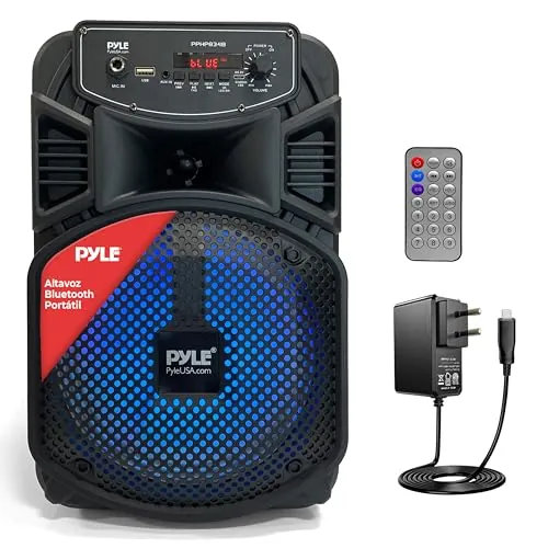 Pyle Sistema de Altavoces, PA, 300W, Bluetooth, portatil, Recargable, Exteriores, subwoofer de 8”, Tweeter de 1”, función de grabación, micrófono, Luces de Fiesta, Radio USB/SD, Color Negro