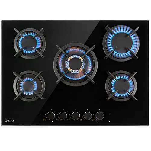 Klarstein Cocina de Gas Butano, Placa de Gas 5 Fuegos 10400W, Placa Vitroceramica Integrada para Cocina, Butano de Diseño, Encimera de Fogones con Base de vidrio y Acero Inoxidable