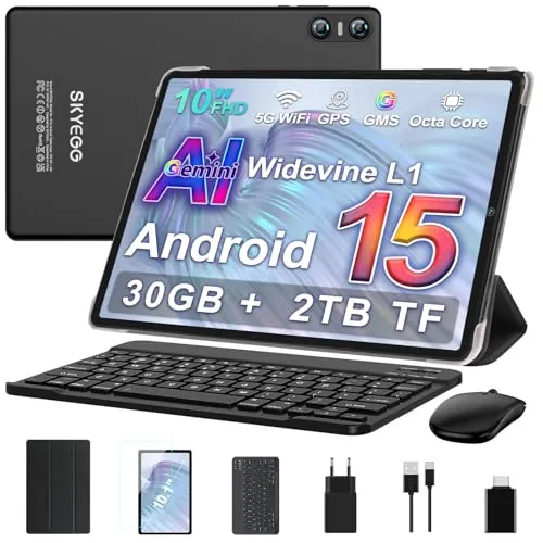 Tablet 10 Pulgadas Android 15 con Gemini AI, 30 GB RAM + Ampliable 2 TB ROM, Octa-Core, Widevine L1, 1280x800 HD, WiFi 5GHz, BT 5.0, Cámara 8 MP + 5 MP, 6000 mAh, con Teclado, Ratón y Funda – Negro