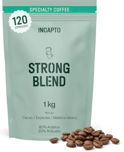 Incapto Café en Grano Strong Blend 1kg | Mezcla 80% Arábica y 20% Robusta | Fuerte y Amargo | Orígenes Uganda, Brasil y Perú | Tueste Natural