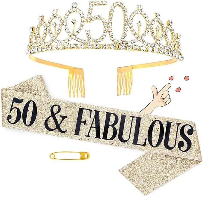 Juego de tiara de corona y faja de cumpleaños, diadema de tiara de 50 cumpleaños para mujer, decoraciones de cumpleaños personalizadas, regalos de cumpleaños ideales y suministros para fiestas