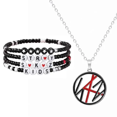 DEFGNOP Stray Kids Juego de Collar y Pulsera con 4 Pulseras AcríLicas y 2 Photocard, Regalos Kpop, ArtíCulo Indispensable para Fans de Kpop, Pulsera y Collar para Hombres y Mujeres