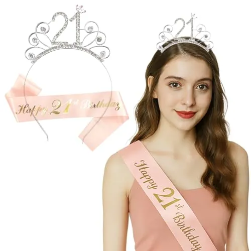 Corona Banda Mujer, Decoración de Cumpleaños Banda y Tiara Corona y Faja de Cinturón de Cumpleaños, Regalos para la Mujer 21 Años
