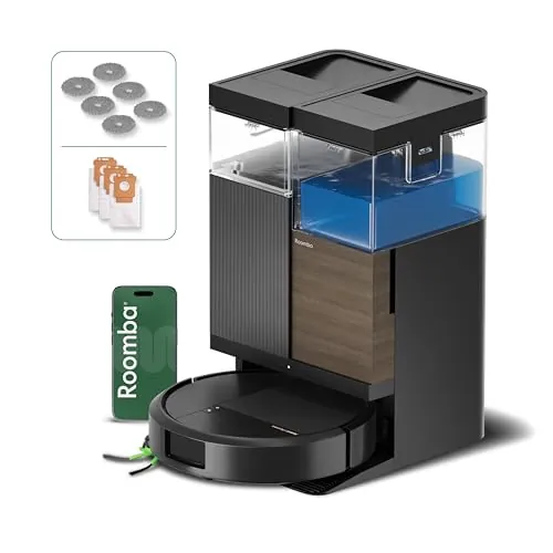 iRobot Roomba Plus 576 Combo y Base AutoWash multifunción, 25KPa, Mopas DualClean PerfectEdge, Lavado/Secado Calor, IA, PrecisionVision, Clearview Pro LiDAR, 90 días autonomía,Accesorios Extra, Negro