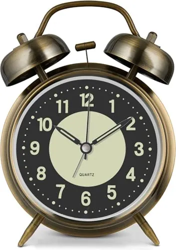 Azyh Reloj Despertador de Volumen Alto para Adultos de Sueño Pesado, Reloj Despertador Doble de Metal de 10cm Funcionando con Pilas para Decoración de Dormitorio, Silencioso Sin Tictac (Bronce)