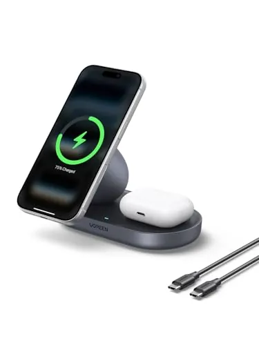 UGREEN Zapix Qi2 15W Cargador Inalámbrico iPhone 2 en 1 MagSafe (Gris)