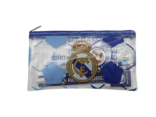 CYPBRANDS Real Madrid, Set de Papelería, Escritura, Regla, Goma de Borrar, Sacapuntas, Estuche, Lápiz, Color Blanco, Producto Oficial