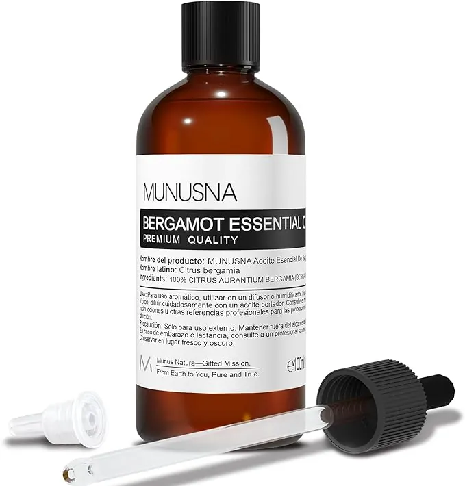 Aceite Esencial Bergamota 100ML, MUNUSNA Aceites Esenciales Naturales Puros para Humidificador Difusor, Aceite de Bergamota para Buen Humor, Jabón, Velas, Masaje, Bergamot Oil