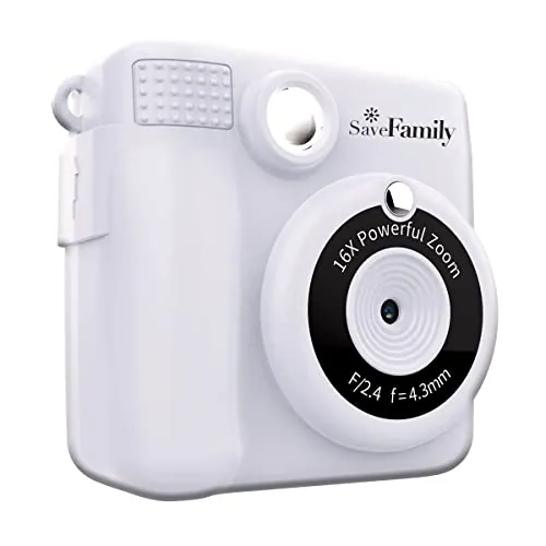 SaveFamily Print – Cámara de Fotos Infantil instantánea-Digital. Videos, Música, Zoom, Flash y Marcos Divertidos, Impresión + 400 Fotos, Incluye 2 Rollos de Papel de impresión – Color Blanco