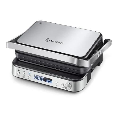 AMZCHEF Multifuncional 4 en 1 grill de contacto, plancha, gofrera y sandwichera con 4 placas antiadherentes extraíbles, tiempo y temperatura individuales, pantalla LED, grill saludable 2000W