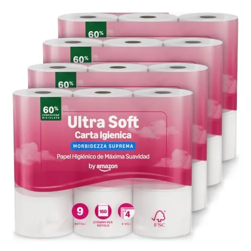 by Amazon Papel Higiénico Ultrasuave, 4 Capas, 36 Rollos (4 Paquetes de 9), 160 Hojas por Rollo, Certificado FSC