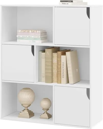 eSituro Libreria de 3 Niveles, 80x30x96 cm, Blanco | con 6 Compartimentos, con Puertas, para Dormitorio, Oficina o Estudio
