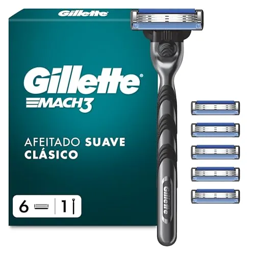 Gillette Mach3 Maquinilla de Afeitar para Hombre con 6 Recambios | 1 Mango de Acero Inoxidable, 6 Cuchillas de Recambio con 3 Hojas Y Banda Lubricante para Un Deslizamiento Suave