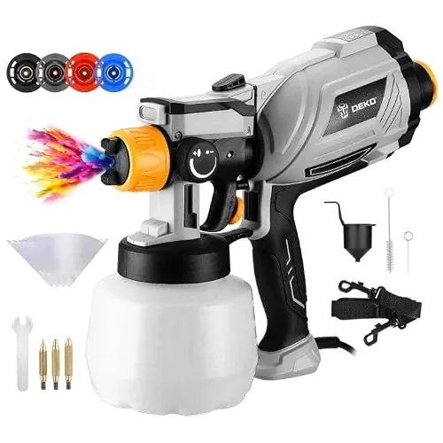DEKOPRO Pistola de Pintura Eléctrica de 1000 W, Depósito de 1200 ml, 4 Boquillas, 3 Patrones de Pulverización, Caudal Regulable y Diseño Desmontable, para Muebles, Paredes, Puertas y Vallas