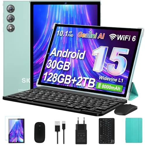 SKYEGG Tablet 10 Pulgadas Android 15 con Gemini AI, 30GB RAM + 128GB ROM Ampliable 2TB, Octa-Core, WiFi 6, Widevine L1, Batería 8000mAh, Cámara 8/5 MP, Teclado, Ratón y Funda, Cuerpo Metálico - Verde
