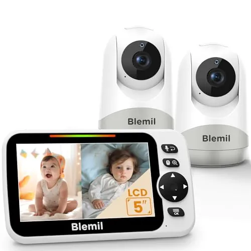 Blemil Monitor para bebés, con 2 cámaras y 30 Horas de batería Recargable de Audio, Pantalla Dividida de 5 Pulgadas, cámara remota en la Nube/Zoom, Llamada bidireccional, visión Nocturna, sin WiFi
