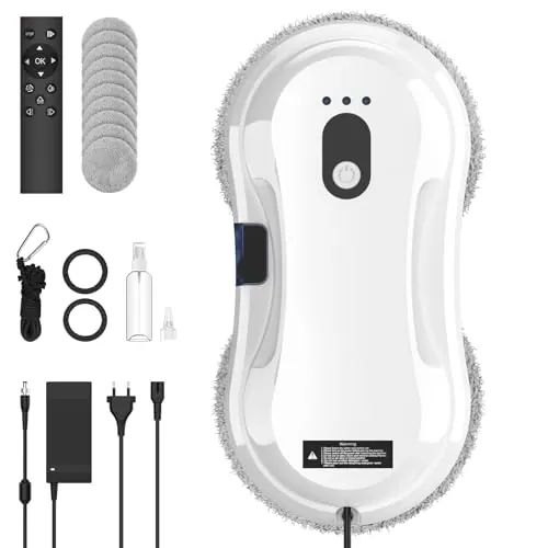 SWBSLL Robot Limpiacristales con Pulverizador de Agua y Mando | Limpia Cristales Eléctrico, Succión de 5600 Pa, Diseño Fino de 7.5 cm, Navegación IA, 10 Paños, Sistema UPS Anticaída