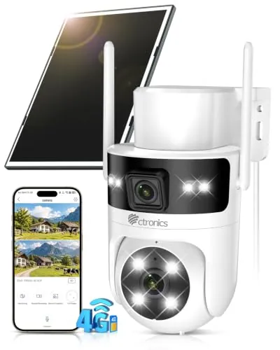 Ctronics Cámara de vigilancia Exterior Solar 4G, PTZ 2K+2K, sin WiFi