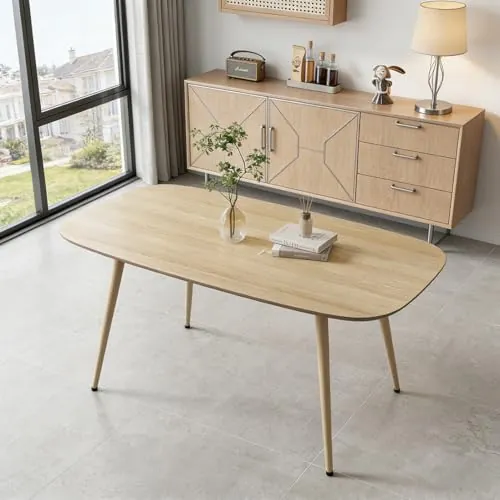 JIEXI Moderna Mesa de Comedor de Granja, Mesa Rectangular de Madera MDF con Patas de Metal, Acabado de Madera Natural, 120 cm x 70 cm x 75 cm, para 4-6 Personas