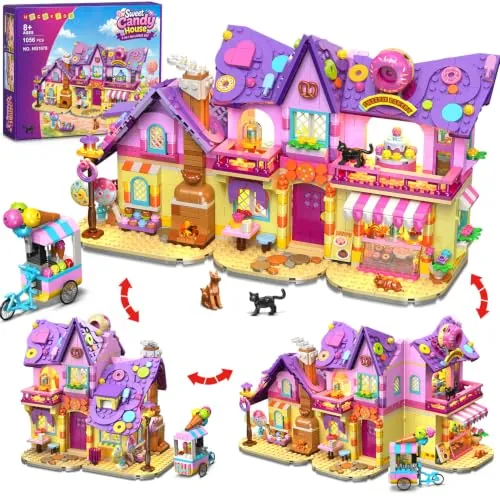 HOGOKIDS Casa-Pastelería Friends 3 en 1 con Luces LED para Niñas de 8+ | Juguete de Construcción Rosa de Pastelería con Carrito de Helados y Tartas, Regalo Navidad y Cumpleaños para Niños (1056 PCS)