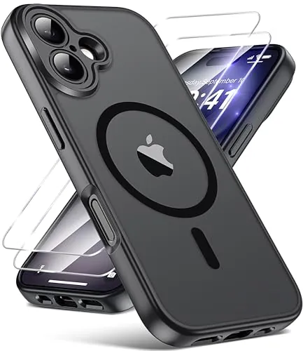 FLLAO Funda para iPhone 16, Compatible MagSafe, con 2 Piezas Protector de Pantalla Cristal Templado, [Protección de Cámara] Magnética Carcasa Translúcida Mate Trasera Fina Antigolpes, Negro