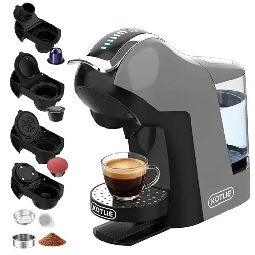 Upgrade Máquina de Cápsulas Café Espresso 5 en 1 19 Bar para Nespresso/Dolce Gusto/LAVAZZA MIO/LOR y Café Molido/ESE, Cafeteras Automáticas Pequeñas con Cápsulas, EM-308B (Gris)