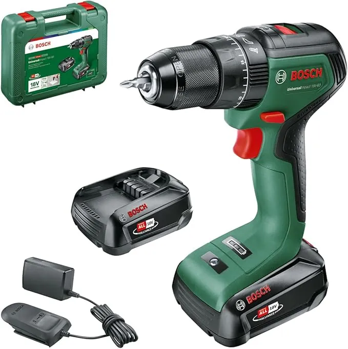 Bosch Home and Garden taladro percutor a batería UniversalImpact 18V-60 (2 baterías de 2,0 Ah, sistema de 18 V, en maletín de transporte)