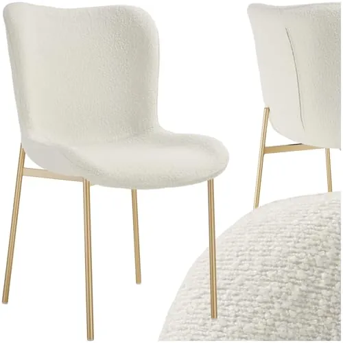 tectake® Silla Tapizada Bouclé, Forma Ergonómica, Respaldo Alto | Patas Esbeltas de Acero, Tapas de Plástico que Protegen el Suelo, Capacidad de Carga 120 kg, Comedor, Bouclé Blanco y Dorado