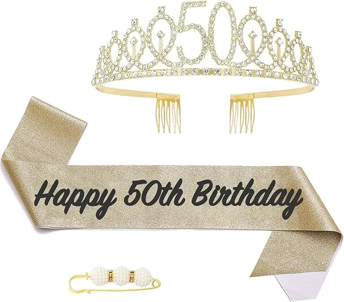 POPOYU Banda y tiara de reina de 50 cumpleaños, corona y banda dorada para ella, decoración de cumpleaños 50 para mujer, accesorios de fiesta, juego de disfraz de corona de cumpleaños para mujer